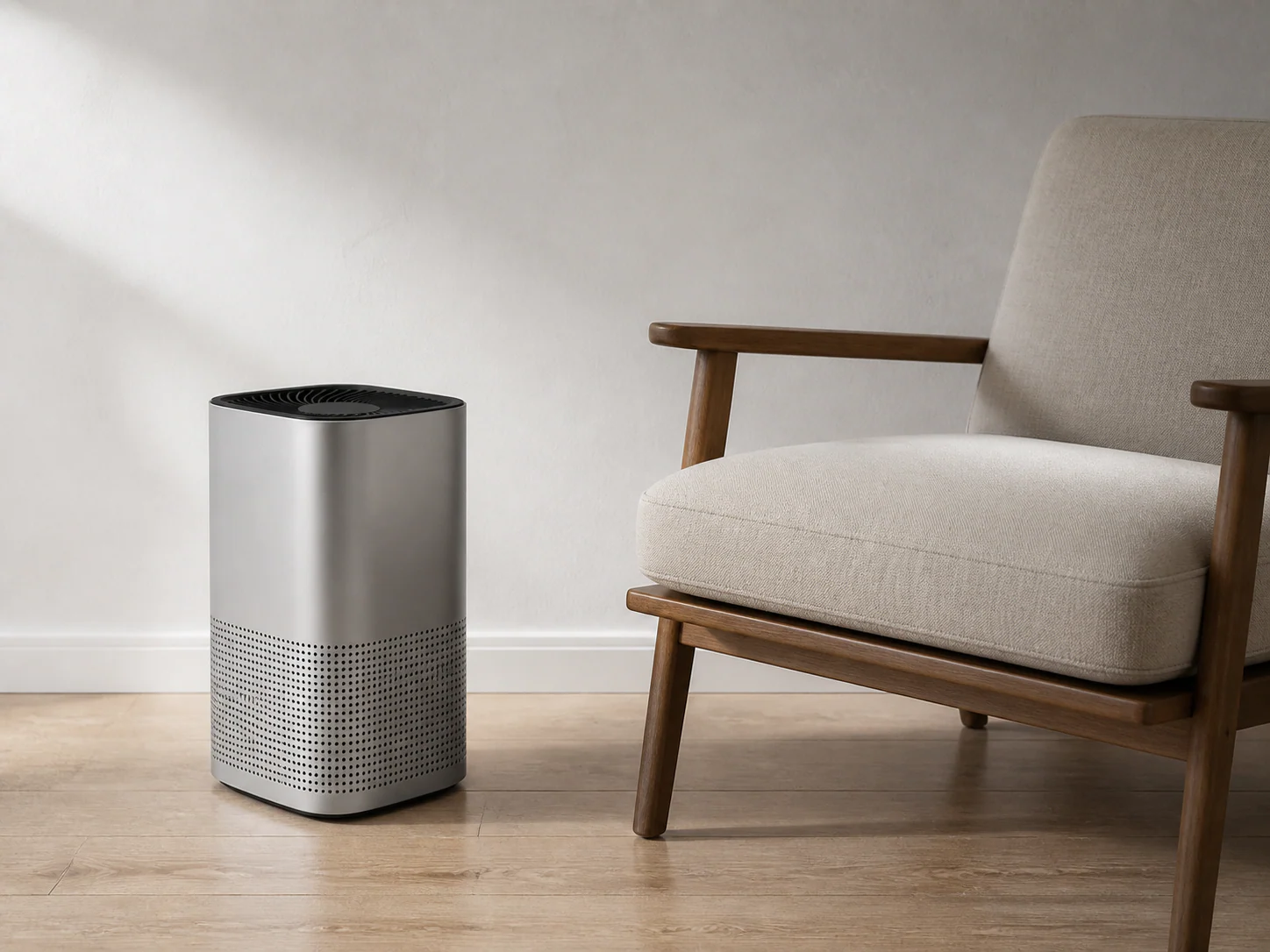 의자와 함께 제품의 실제 크기를 설명하는 맥락 속 스케일 사진 예시